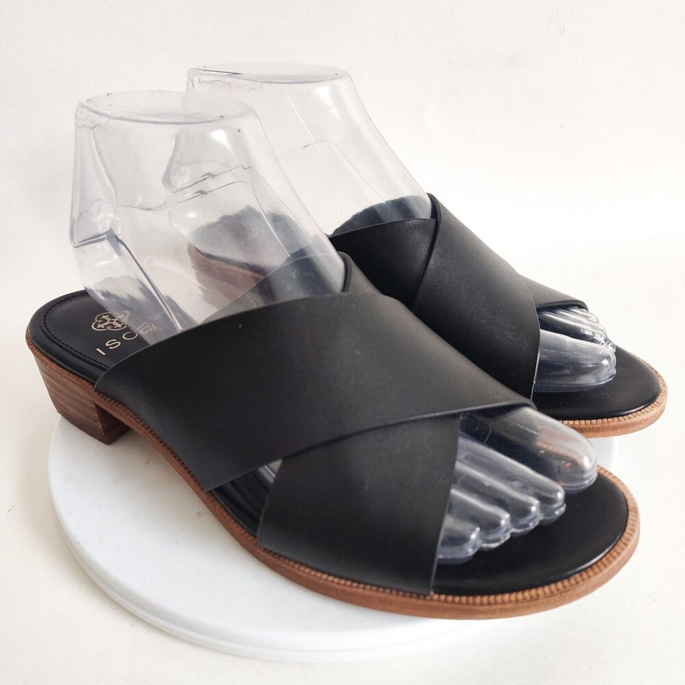 Isola Black‎ Leather Criss Cross Strap Slip On Flat Sandals Women's Size 6.5 M